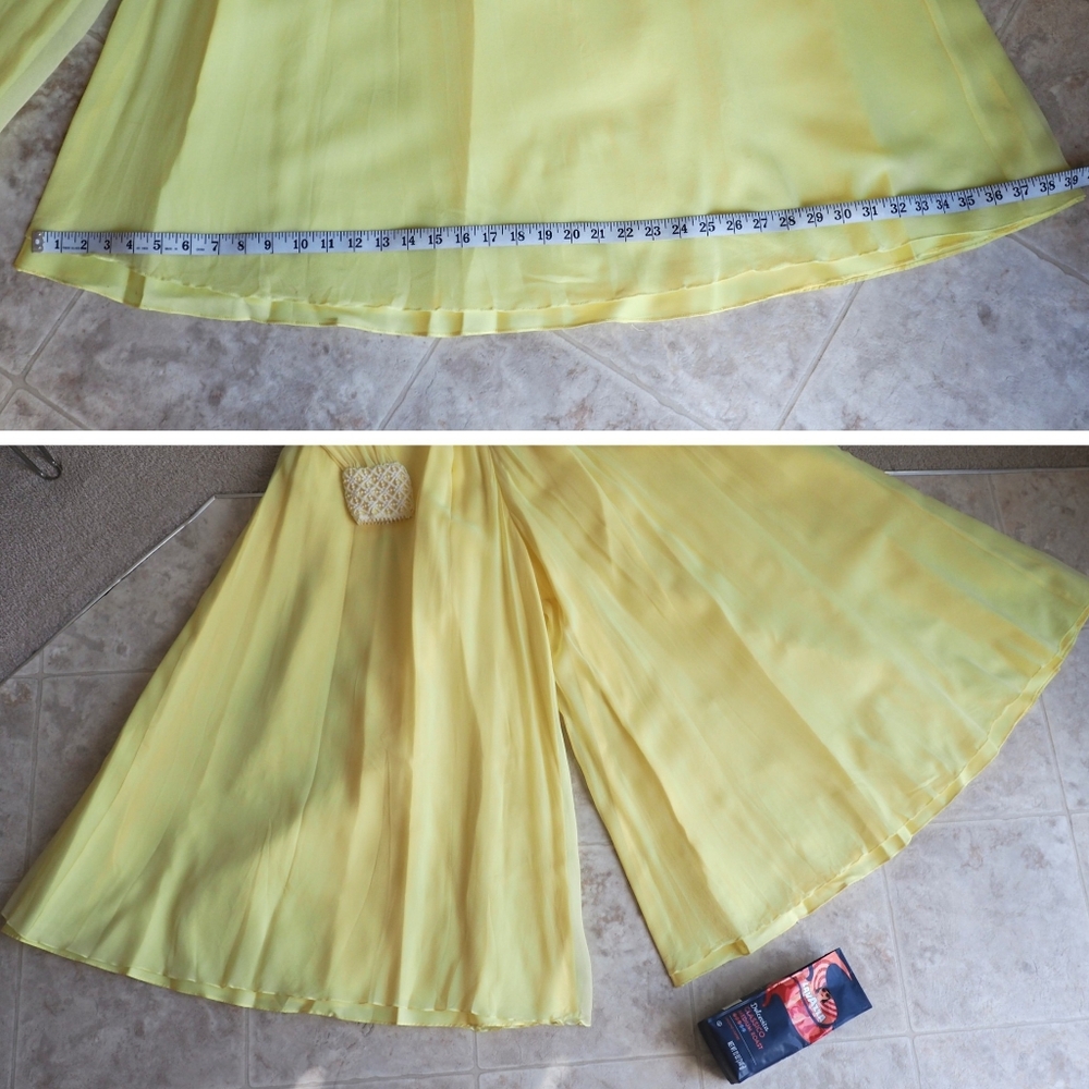 60s Vintage ILGWU Chiffon Jumpsuit Ultra Wide Leg Yellow Empire Corset Bodice - Picture 8 of 17